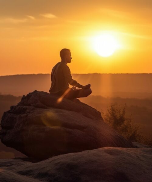 A man sitting yoga position in front of the sun generative AI